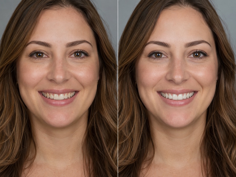 Antes e depois de faceta de porcelana